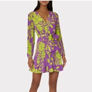 Milly Green and Purple Fit and Flare Long Sleeve Dress